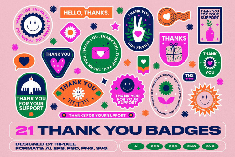 21 Thank You Badges Stickers 21款感谢感激标识礼物贴纸插图插画Ps分层Ai矢量设计素材