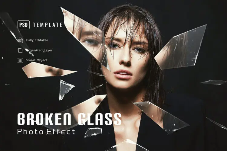 Broken Glass Photo Effect 破碎玻璃打碎照片图像ps特效样机素材预制模板