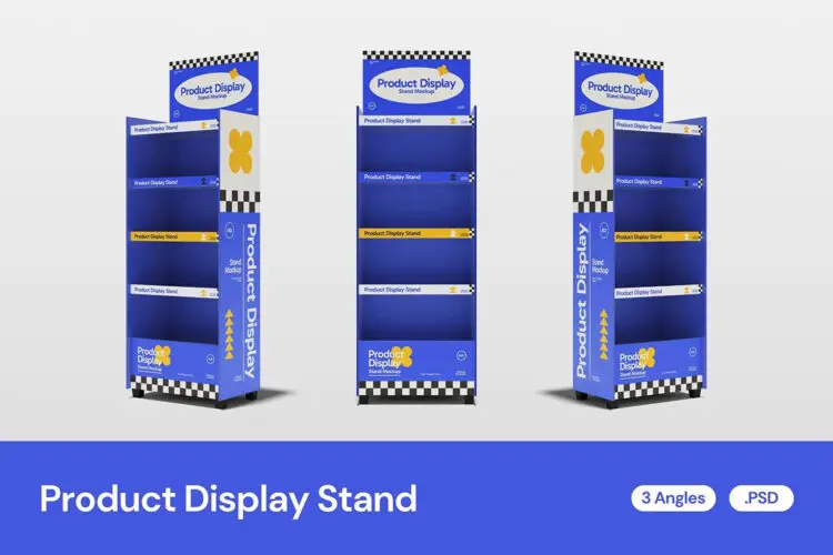 Promotional Product Display Stand Mockup 3款商品促销展柜模型品牌logo标识设计贴图ps样机素材模板