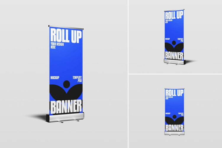 Roll Up Banner Mockup 3款铝合金易拉卷横幅广告展架模型展示设计贴图ps样机素材模板