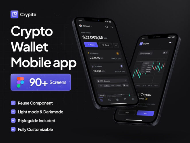 Crypite – SaaS Crypto Mobile App UI Kit  90多屏暗色系金融比特币加密货币股票交易app用户交互设计UI套件模板