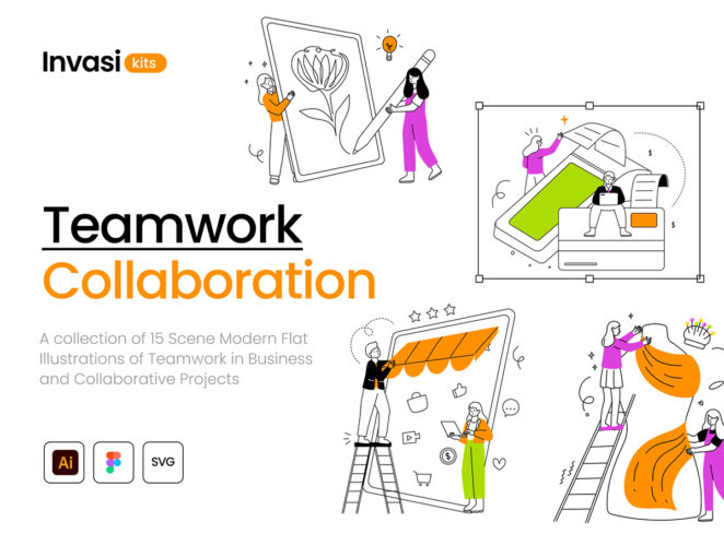 Modern Flat Illustrations of Teamwork Collaborative Projects 15幅扁平团队合作协同办公网站占位演示人物插画图片国外设计素材