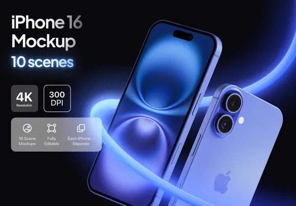 iPhone 16 Mockup – 10 Mockups Scenes 10款多色苹果iPhone 16手机广告ui设计作品展示效果图ps样机素材