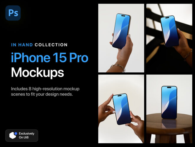 iPhone 15 Pro – In Hand Mockup Collection 8款手持iPhone15手机ps样机App应用ui界面设计作品展示效果图