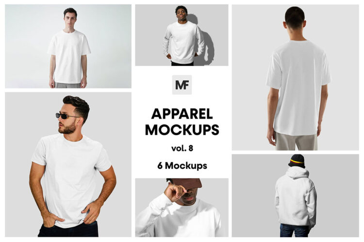 Fashion Apparel Mockups vol.8  6款男士圆领T恤衫模型展示品牌标识设计贴图ps样机素材模板