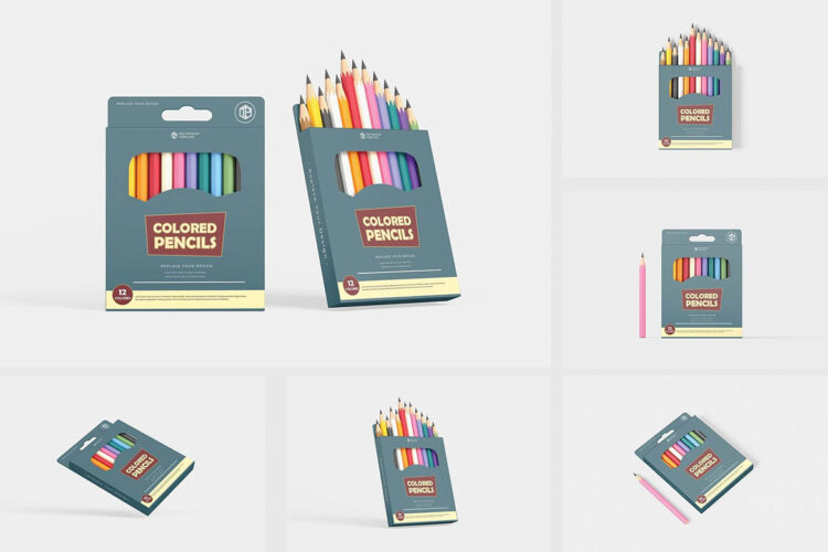 Mini Pack of 12 Colored Pencil Mockups 12只装彩色铅笔包装纸盒模型品牌logo标识设计贴图ps样机素材