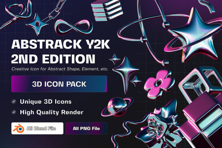 Abstract Y2K 2nd Edition 3D Illustration Pack 3D抽象科技艺术科幻Y2K金属镀铬渐变几何图形png免抠图片素材