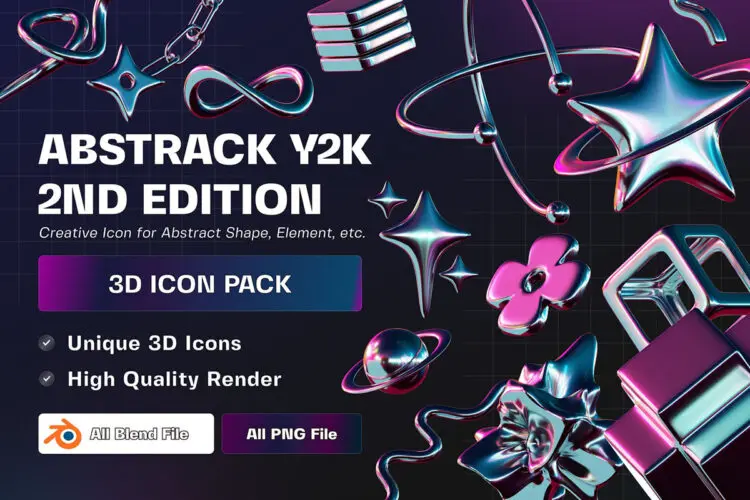 Abstract Y2K 2nd Edition 3D Illustration Pack 3D抽象科技艺术科幻Y2K金属镀铬渐变几何图形webp免抠图片素材