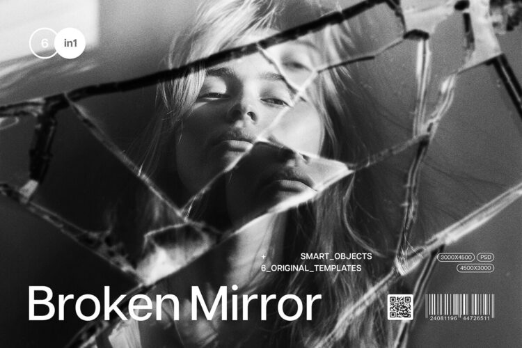 Broken Mirror Photo Effects 6款黑白单色透明碎玻璃折射破损裂痕玻璃碎片肌理ps特效样机模板