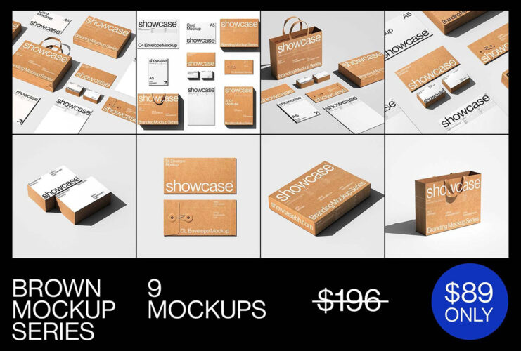 Brown_Branding Mockup Set 9款牛皮纸文具品牌形象VI应用设计作品贴图ps样机素材展示效果图