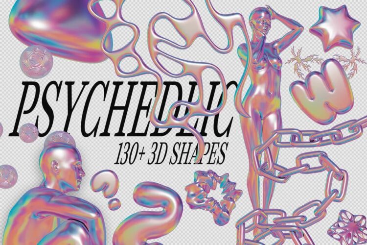 Psychedelic – 3D Shapes & Objects Graphics 130款3D艺术迷幻镭射镀铬全息人体抽象几何图形png免抠图片素材