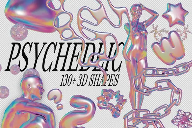 Psychedelic – 3D Shapes & Objects Graphics 130款3D艺术迷幻镭射镀铬全息人体抽象几何图形webp免抠图片素材