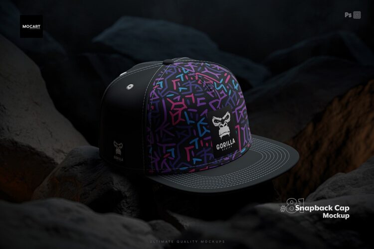 Snapback Cap Mockup Set v.5 时尚街头平檐棒球平沿卡车司机帽子印花图案设计贴图psd样机素材模板