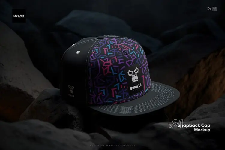 Snapback Cap Mockup Set v.5 时尚街头平檐棒球平沿卡车司机帽子印花图案设计贴图psd样机素材模板