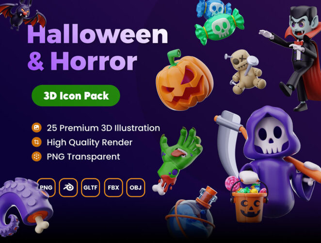 Halloween and Horror 3D Icon Pack 25款万圣节日派对装饰元素插图3D图标icon设计素材