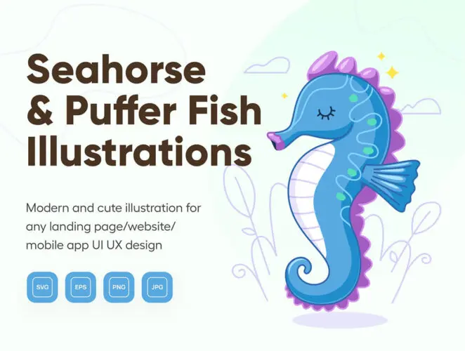 Oceany – Seahorse and Puffer Fish Illustration 卡通海马河豚海底动物插图插画图标webp免抠图片素材