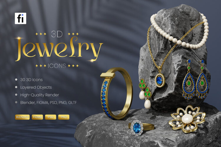 3D Jewelry Icon Set 30款3D立体珠宝首饰戒指耳环项链耳钉手镯手链胸针头饰icon图标PNG插画Blender模型