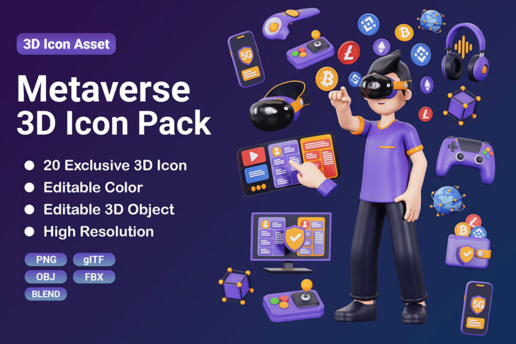 Metaverse 3D Icon Set 20款3D科幻VR游戏虚拟现实元宇宙数字科技区块链icon图标png免抠图素材