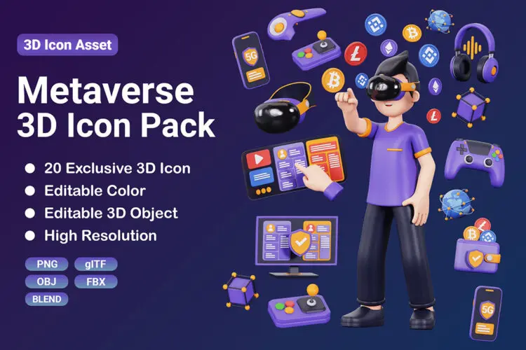 Metaverse 3D Icon Set 20款3D科幻VR游戏虚拟现实元宇宙数字科技区块链icon图标webp免抠图素材