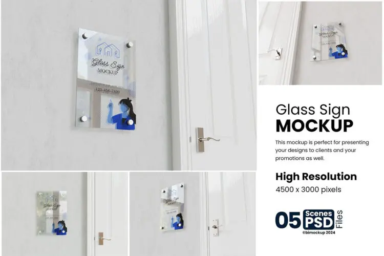 Glass Sign Mockup 5款办公室墙面玻璃标牌导视牌模型展示设计贴图ps样机素材模板