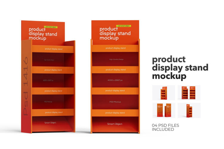 Product Display Stand Mockup 4款超市陈列促销货架商品货柜置物架展示架设计ps样机素材效果图