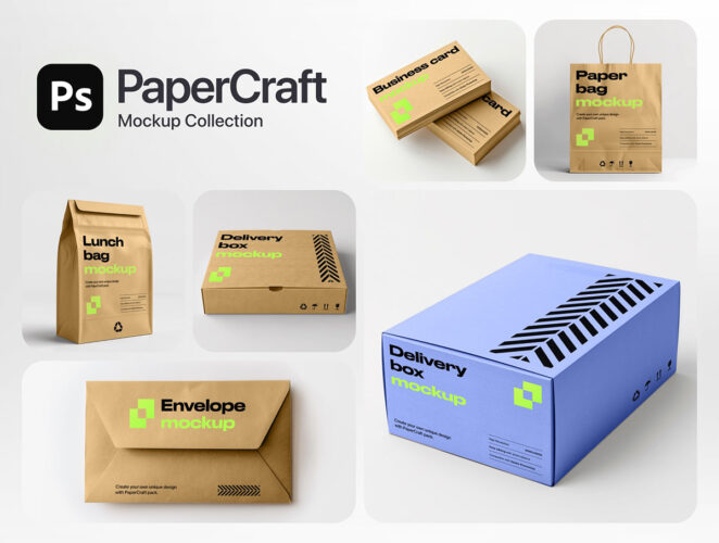 PaperCraft – Mockup Collection 牛皮包装纸盒纸袋纸杯标签卡模型品牌logo标识设计贴图ps样机素材