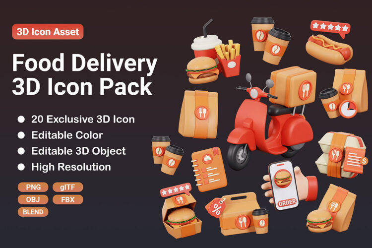 Food Delivery 3D Icon Set 20款美食外卖定位送餐物流配送3D图标icon素材png免抠图片