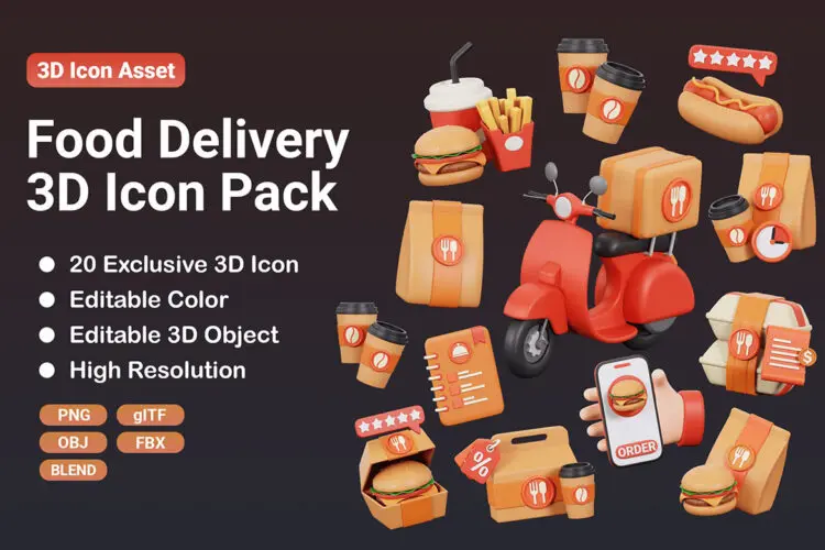 Food Delivery 3D Icon Set 20款美食外卖定位送餐物流配送3D图标icon素材webp免抠图片