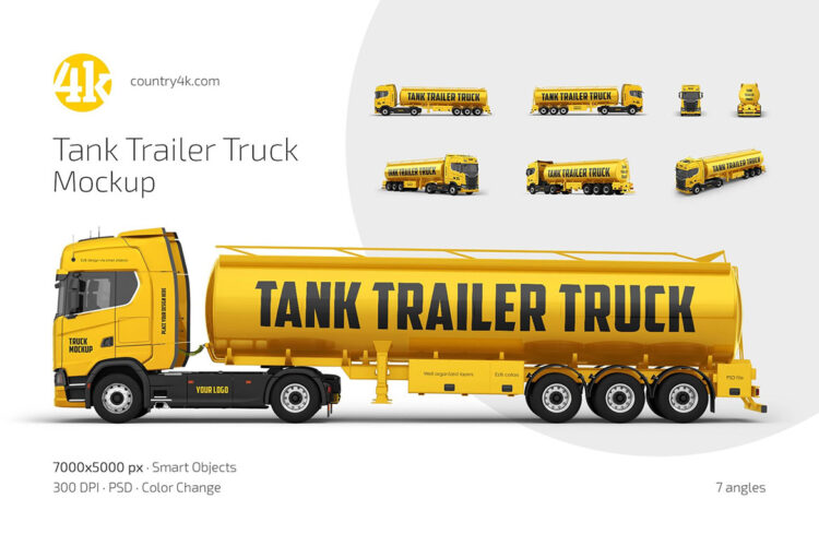 Tank Trailer Truck Mockup Set 运输车油罐车重型卡车车身logo设计贴图ps样机素材展示模板