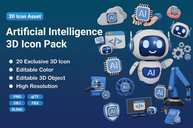Artificial Intelligence 3D Icon Set 20款3D立体Ai人工智能未来科幻机器人插图插画webp免抠图片素材