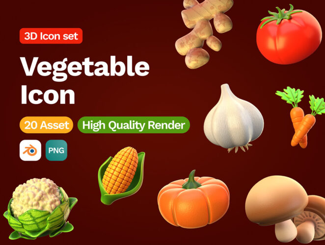 3D Vegetable Icon 20款趣味卡通3D立体蔬菜葱姜蒜食材icon图标png免抠图片素材