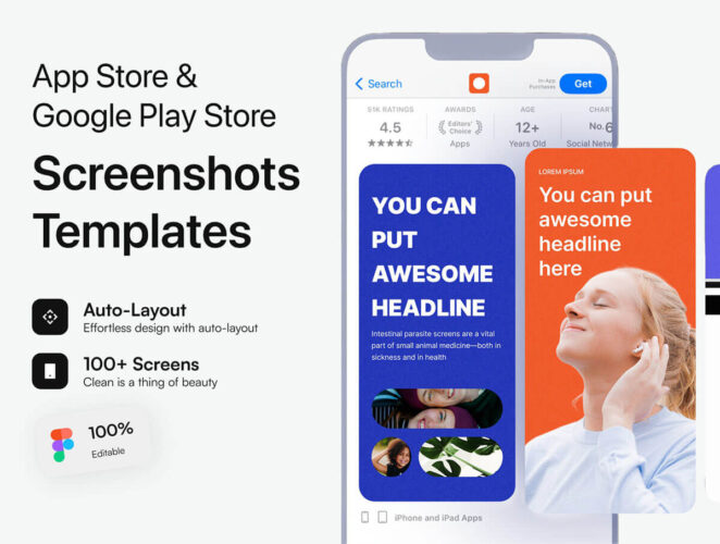 App Store & Google Play Store Screenshot Templates 100多款App Store 和 Google Play Store 应用商店App软件卖点介绍广告排版设计fig模板