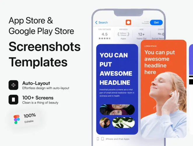 App Store & Google Play Store Screenshot Templates 100多款App Store 和 Google Play Store 应用商店App软件卖点介绍广告排版设计fig模板