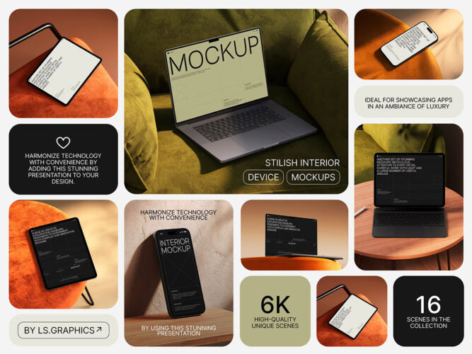 R-Mockups Interior Mockups 16款质感居家苹果iPhone手机iPad平板Macbook笔记本电脑ps样机