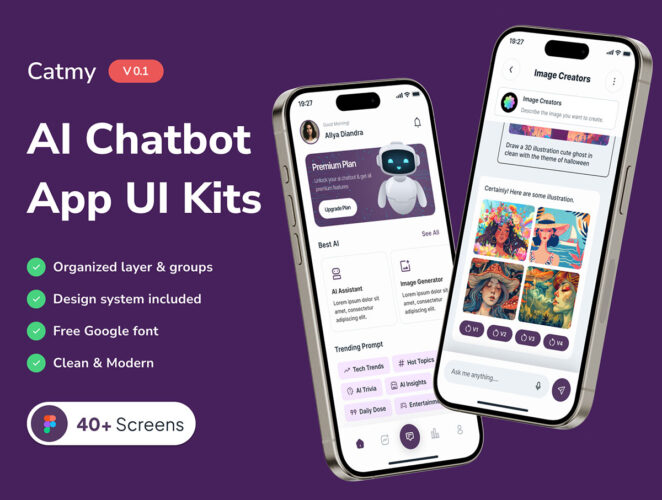 Catmy – AI Chatbot Mobile App UI Kits 40屏AI人工智能聊天机器人移动应用App软件交互ui界面设计模板