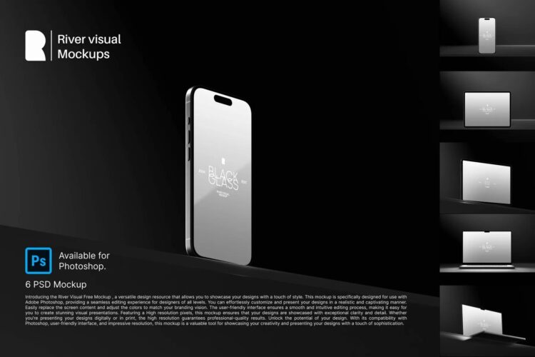 Device Mockup – Black Glass Series 6款黑白极简工业风iPhone手机iPad平板Macbook笔记本电脑ps样机