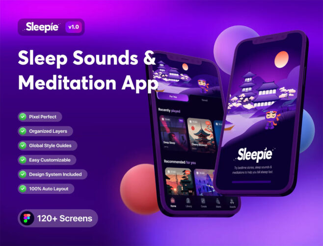 Sleepie Sleep Sounds Meditation Mobile App 120屏睡眠助眠冥想音乐播放器移动应用App设计用户界面ui套件模板