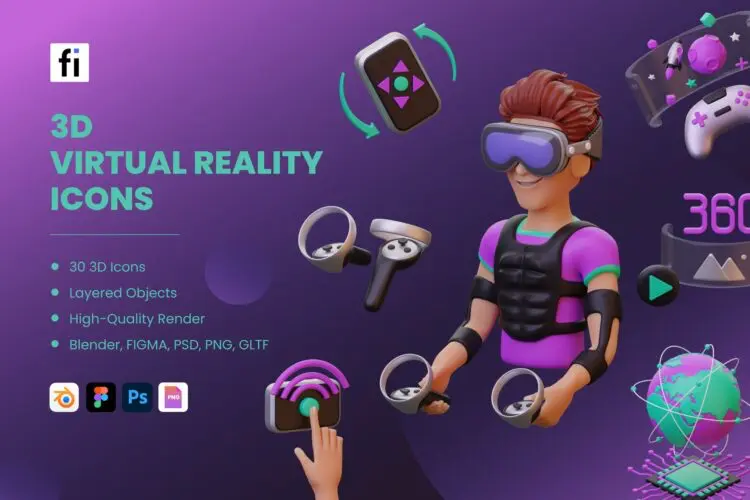 3D Virtual Reality Icon Set VR虚拟现实设备操作3D人物演示插图插画webp免抠图片设计素材