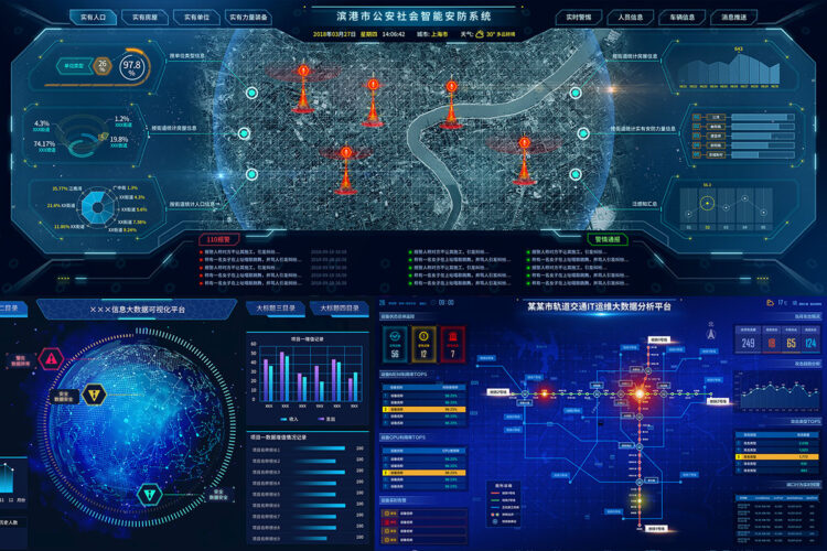 54款UI界面仪表盘酷炫蓝色科技感数据可视化大屏驾驶舱设计PSD素材
