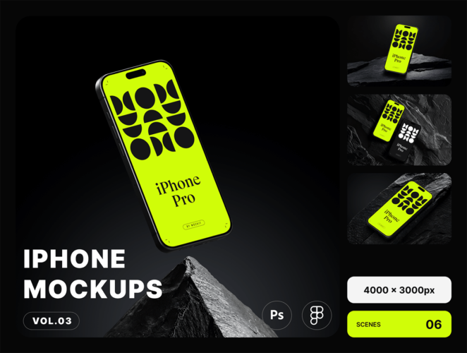 iPhone 16 Pro Mockups Vol.03  6款工业风岩石iPhone 16手机APP作品ui设计展示效果图ps样机素材