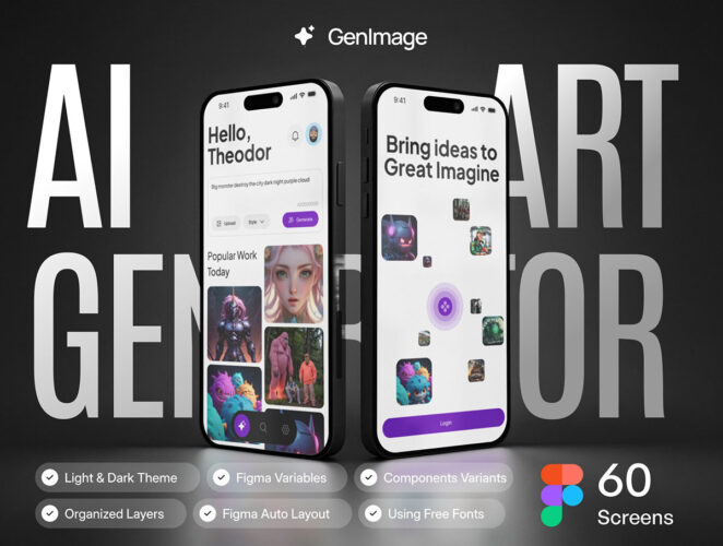 GenImage – AI Art Generator UI KIT 60屏AI人工智能在线绘画生成图生图App应用ui用户界面fig设计模板