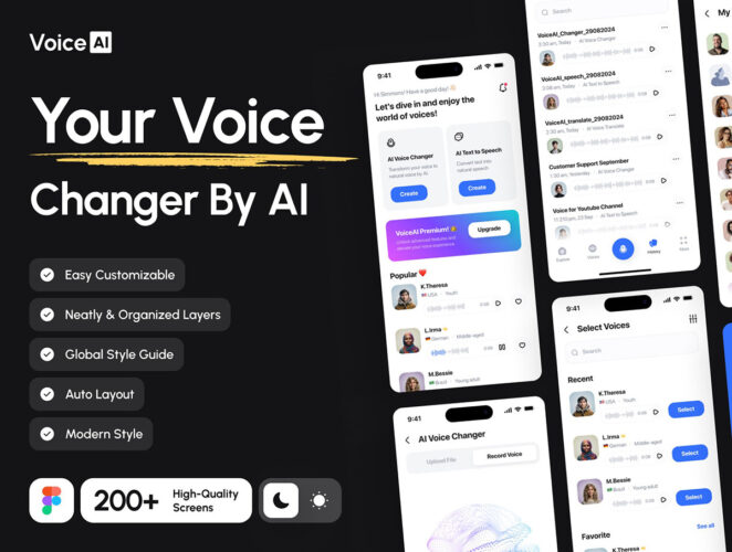 VoiceAI – AI Voice Generator UI Kit 200屏双配色AI人工智能语音生成器合成软件App应用ui用户界面模板