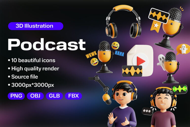 Podcast 3D Icon Set 30款高级音乐赛事新闻播音演讲话筒耳机3D图标素材