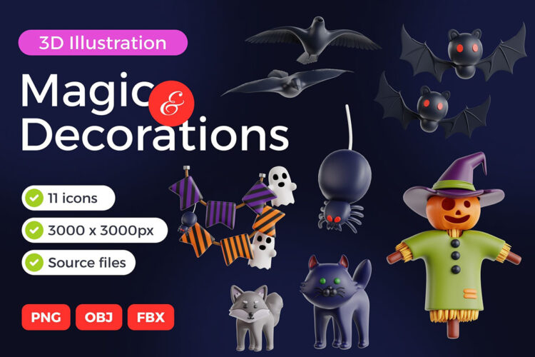 Magic & Halloween Decorations 3D Icon Set 21款3D卡通趣味万圣节南瓜骷髅插图插画png免抠icon图标设计素材