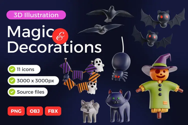 Magic & Halloween Decorations 3D Icon Set 21款3D卡通趣味万圣节南瓜骷髅插图插画webp免抠icon图标设计素材