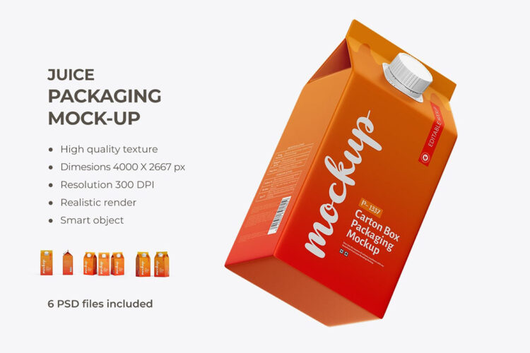 Juice Carton Container Mockup 6款果汁饮料牛奶包装盒模型品牌logo标识设计贴图ps样机素材