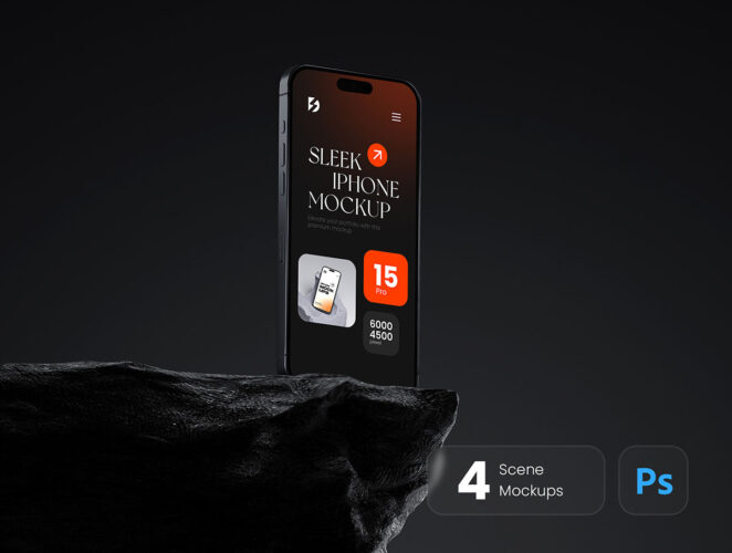 Sleek iPhone 15 Pro Mockup Bundle 4款质感岩石极简工业风iPhone 15手机UI设计作品展示效果图ps样机