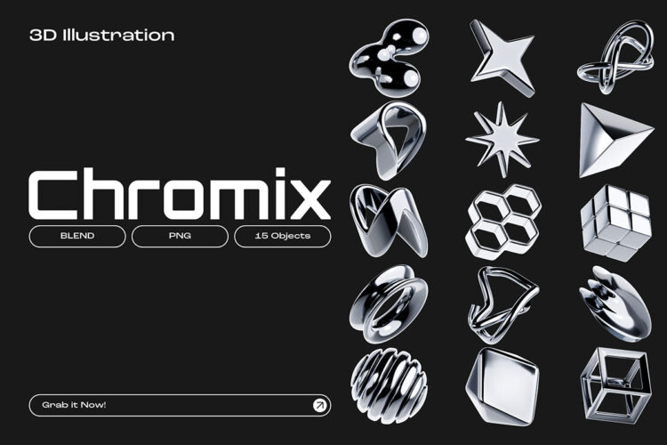 Chrome Y2K 3D Abstract Shape V.1 抽象艺术Y2K金属光泽几何图形png免抠图设计素材15个
