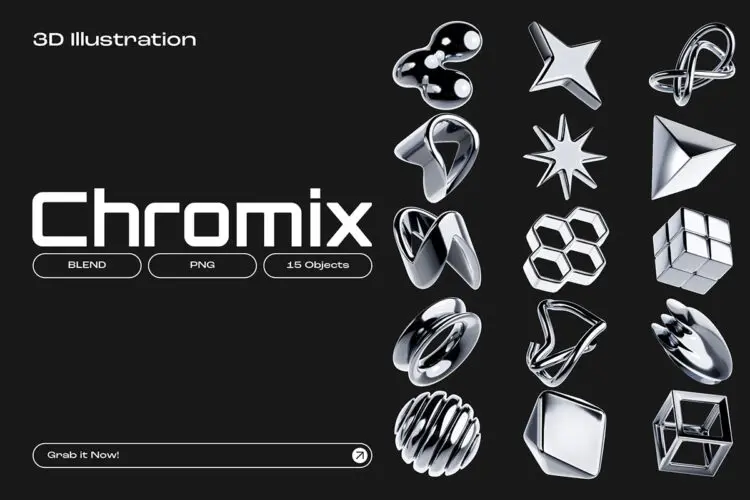 Chrome Y2K 3D Abstract Shape V.1 抽象艺术Y2K金属光泽几何图形webp免抠图设计素材15个