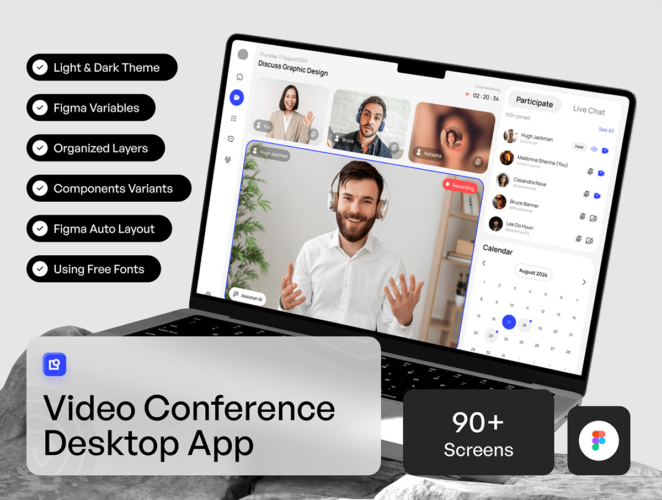 MeetOn – Video Conference Dekstop App 90屏视频会议桌面应用程序UI套件下载在线会议应用app用户界面设计素材